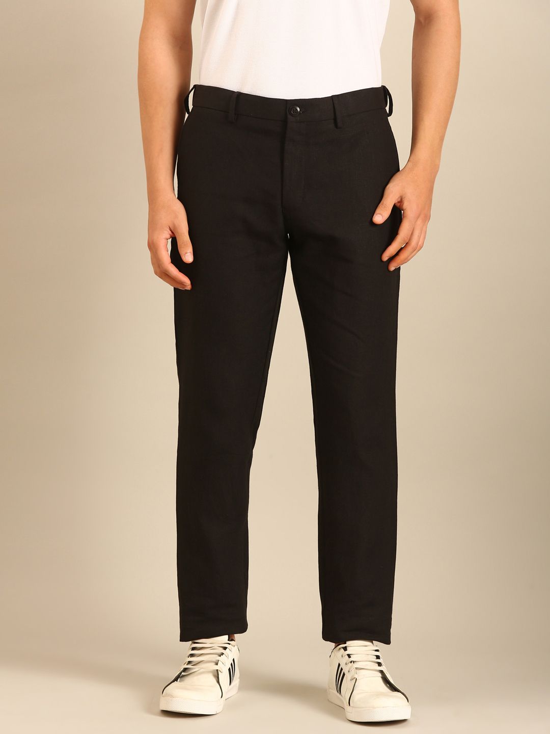 Linen Club Men's Linen Black Solid Contemporary Fit Casual Trouser