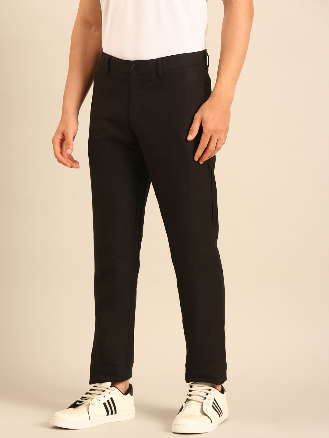 Linen Club Men's Linen Black Solid Contemporary Fit Casual Trouser