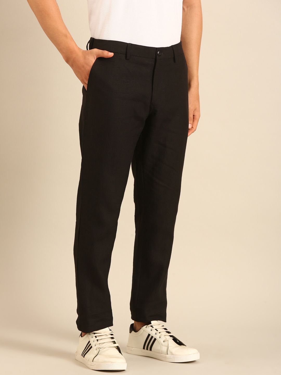 Linen Club Men's Linen Black Solid Contemporary Fit Casual Trouser