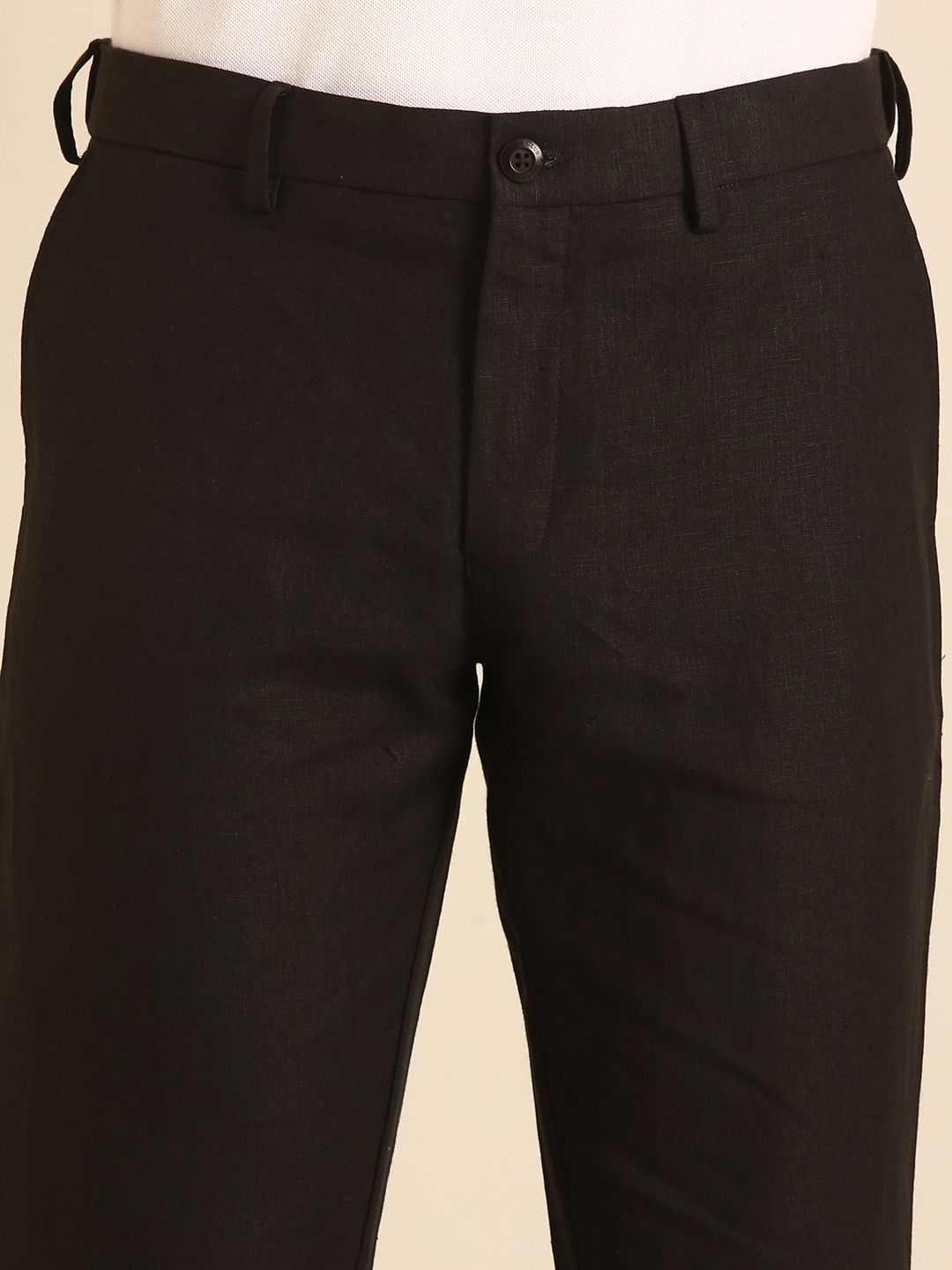 Linen Club Men's Linen Black Solid Contemporary Fit Casual Trouser