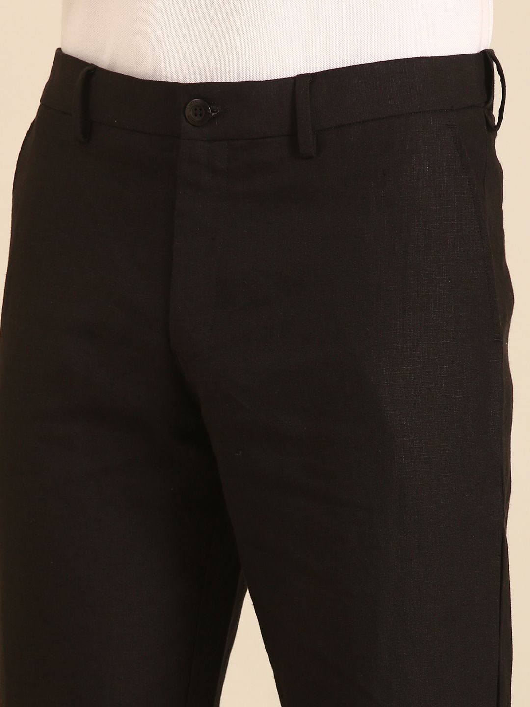 Linen Club Men's Linen Black Solid Contemporary Fit Casual Trouser
