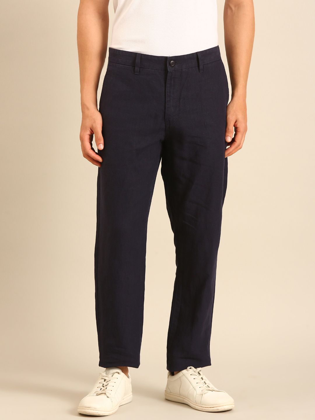 Linen Club Men's Linen Navy Blue Solid Contemporary Fit Casual Trouser