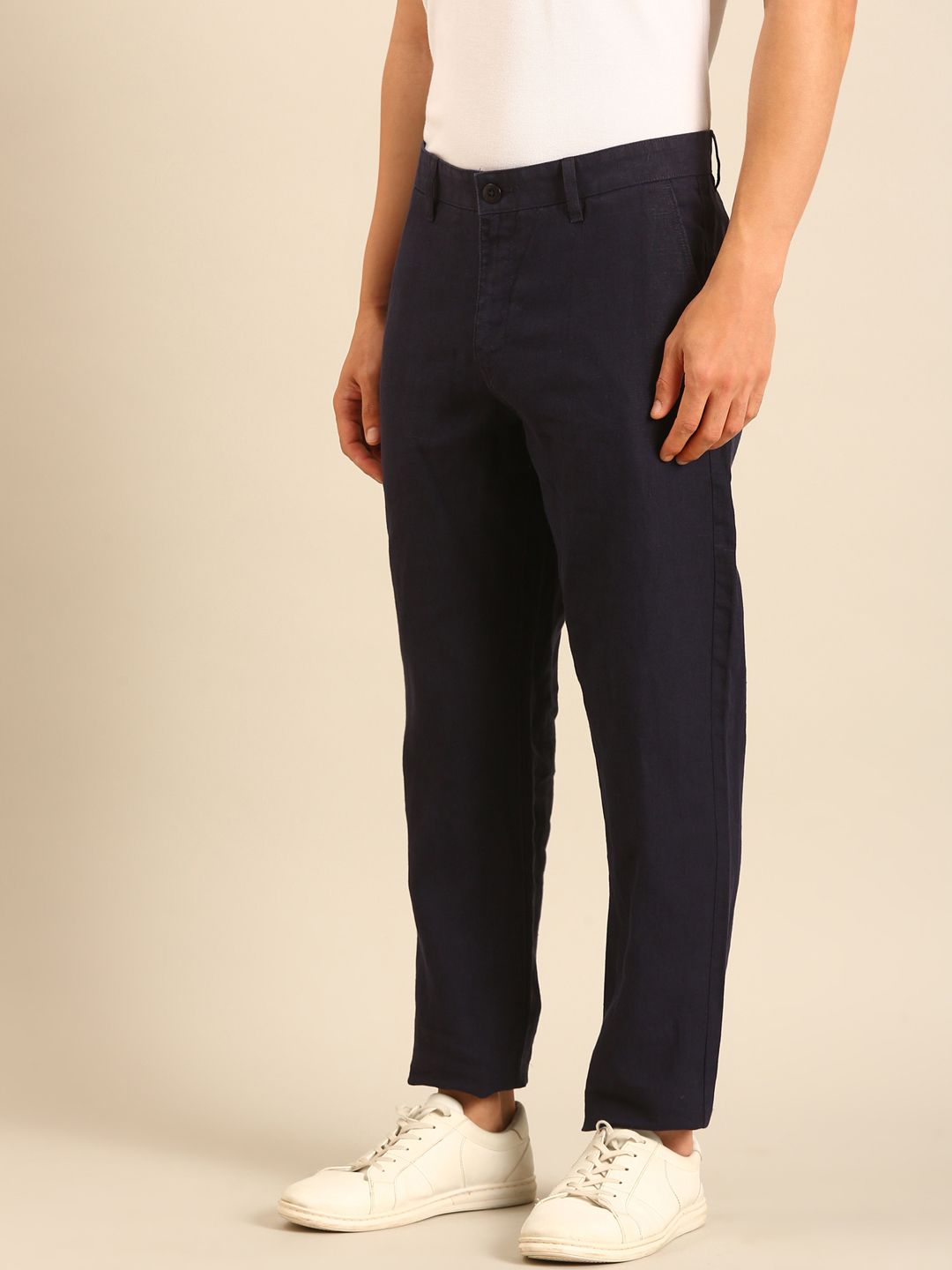 Linen Club Men's Linen Navy Blue Solid Contemporary Fit Casual Trouser