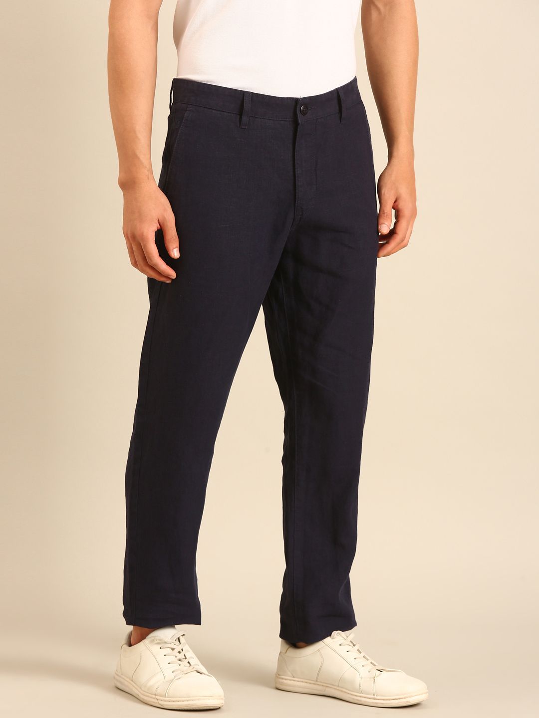 Linen Club Men's Linen Navy Blue Solid Contemporary Fit Casual Trouser