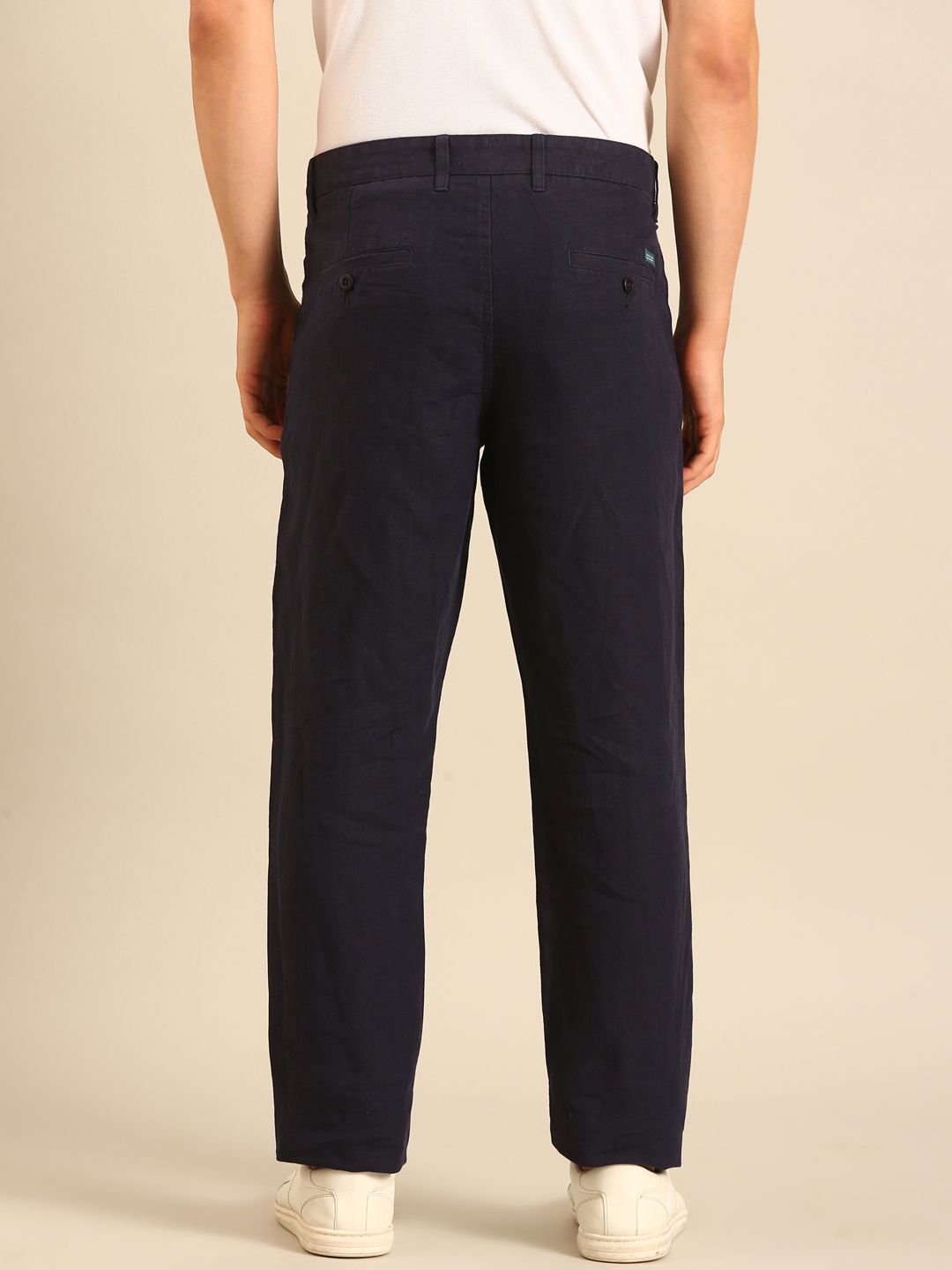 Linen Club Men's Linen Navy Blue Solid Contemporary Fit Casual Trouser