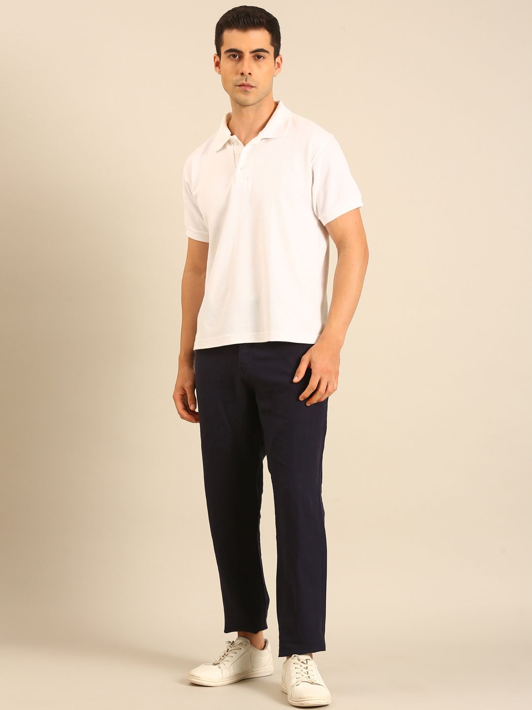Linen Club Men's Linen Navy Blue Solid Contemporary Fit Casual Trouser