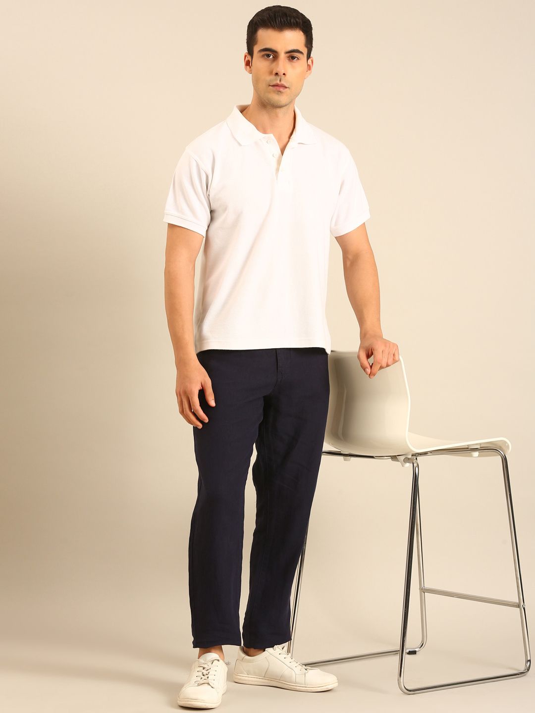 Linen Club Men's Linen Navy Blue Solid Contemporary Fit Casual Trouser