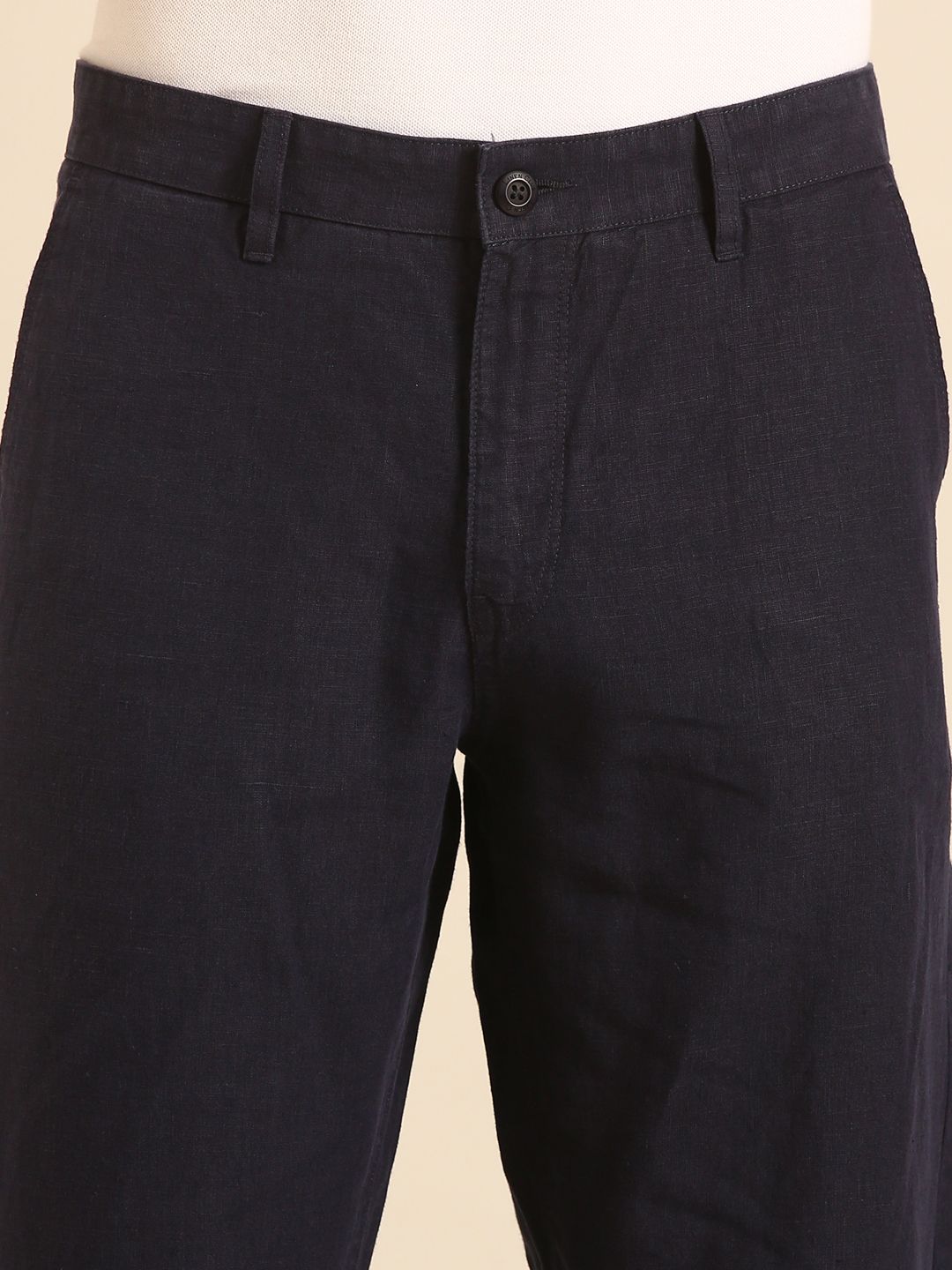 Linen Club Men's Linen Navy Blue Solid Contemporary Fit Casual Trouser