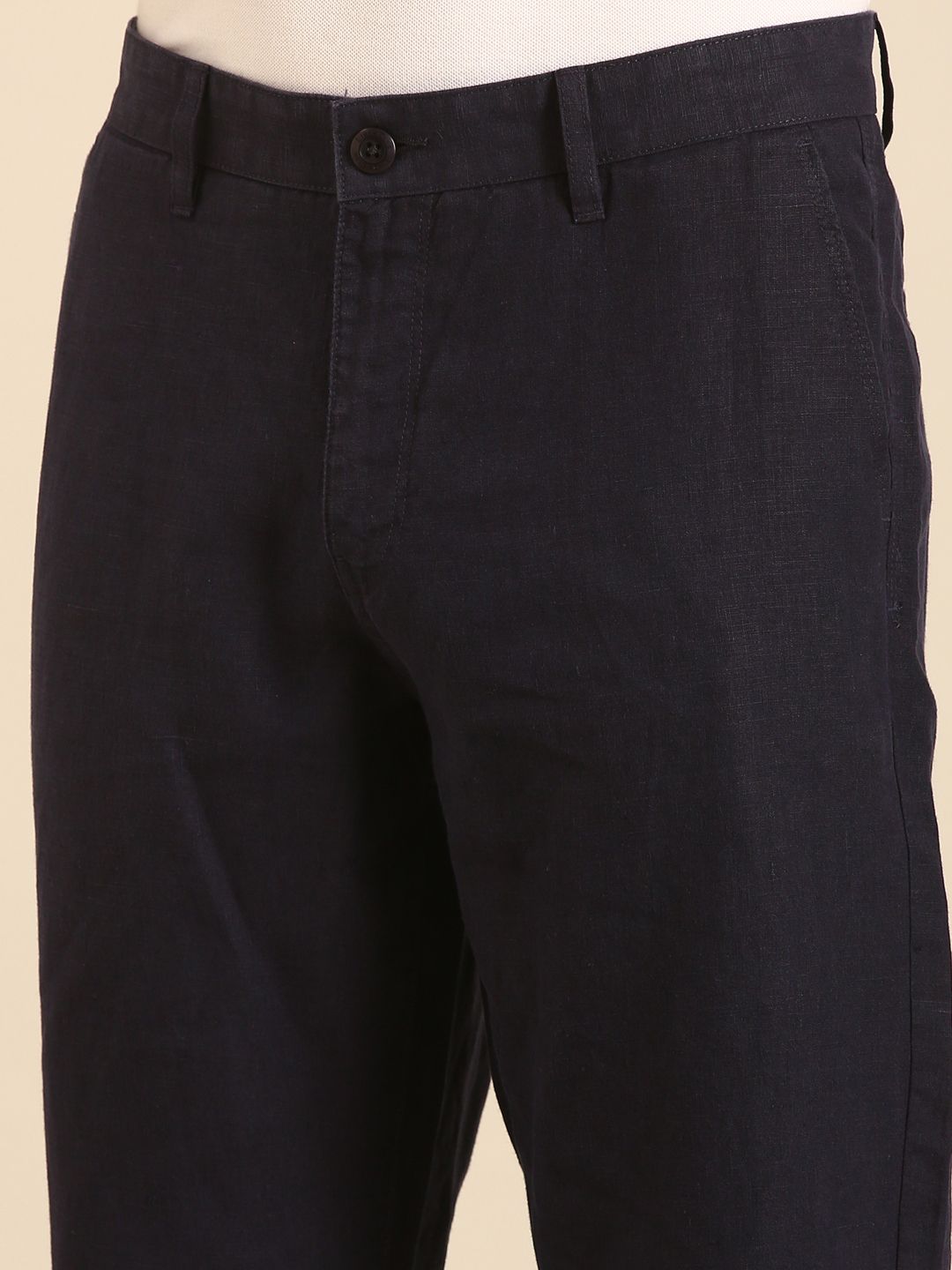 Linen Club Men's Linen Navy Blue Solid Contemporary Fit Casual Trouser