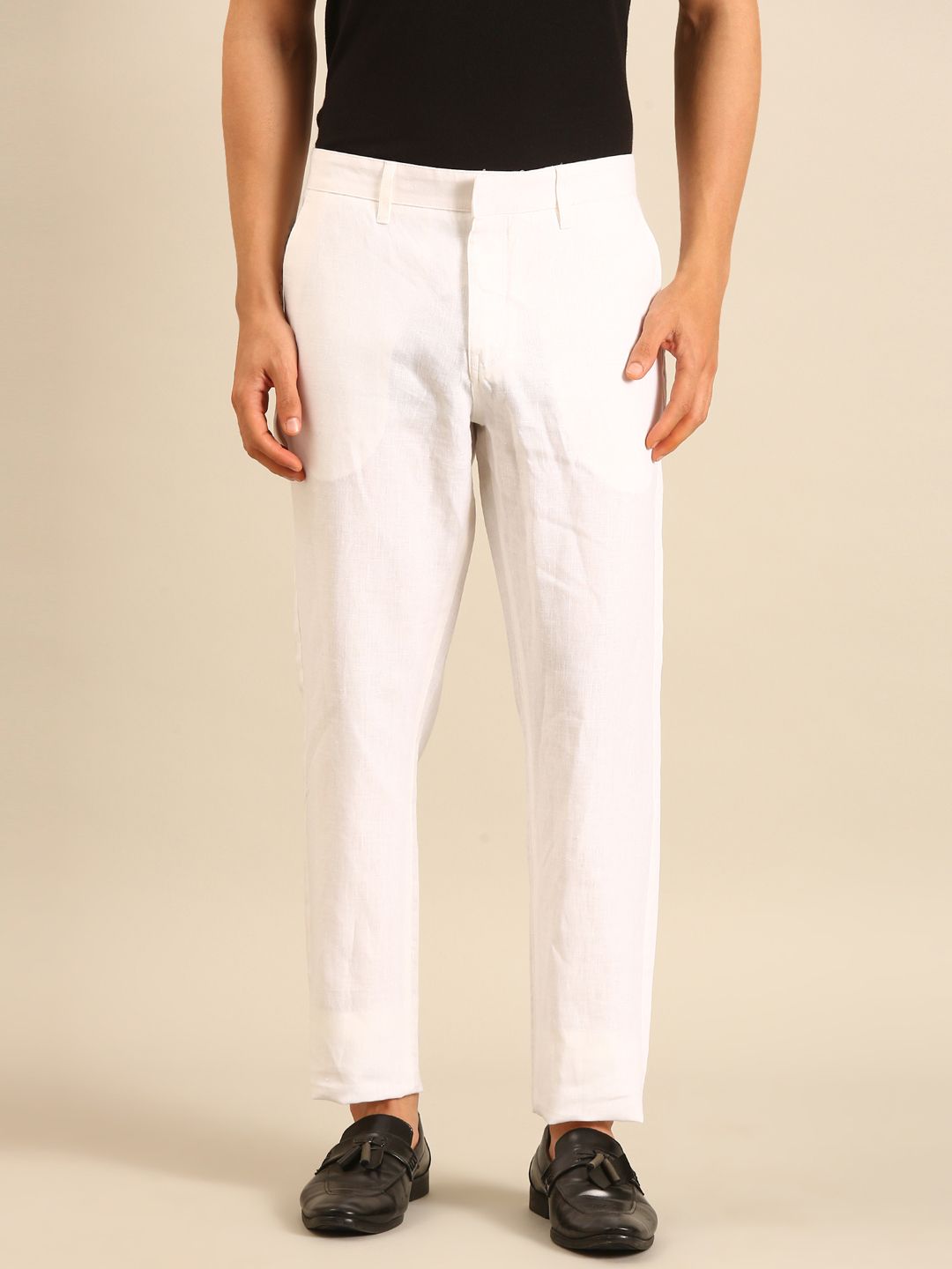 Linen Club Men's Linen White Solid Contemporary Fit Casual Trouser