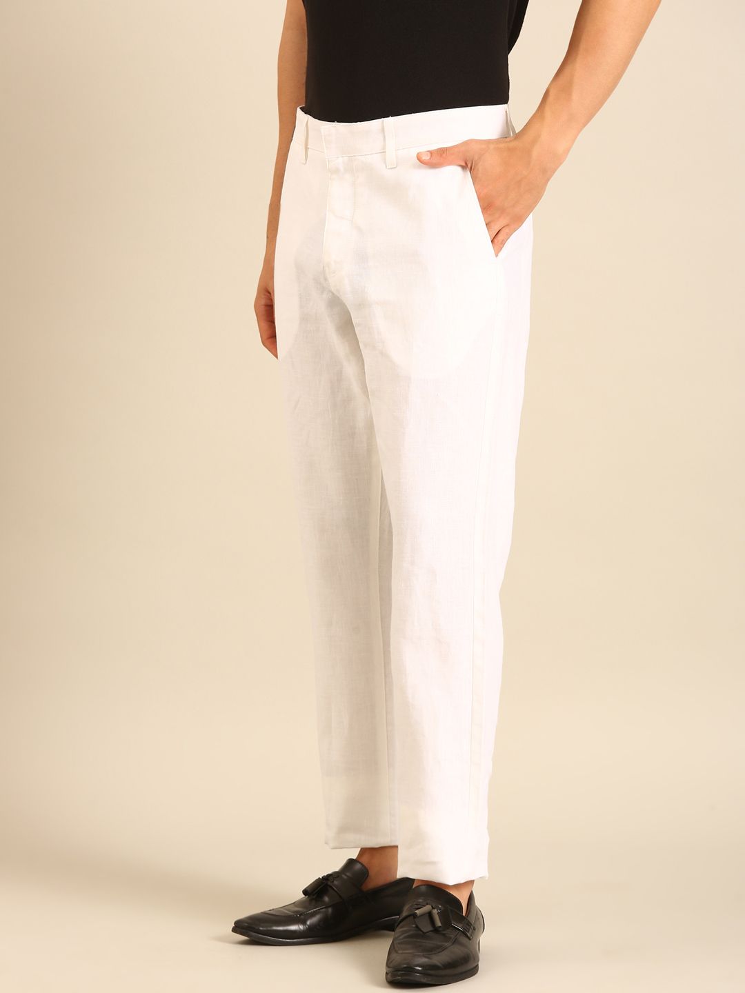 Linen Club Men's Linen White Solid Contemporary Fit Casual Trouser