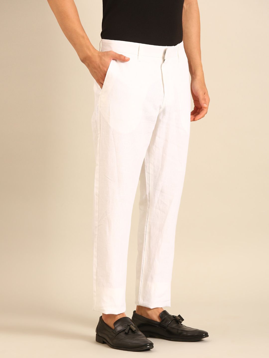 Linen Club Men's Linen White Solid Contemporary Fit Casual Trouser