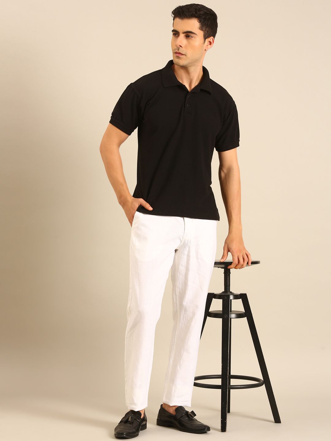 Linen Club Men's Linen White Solid Contemporary Fit Casual Trouser