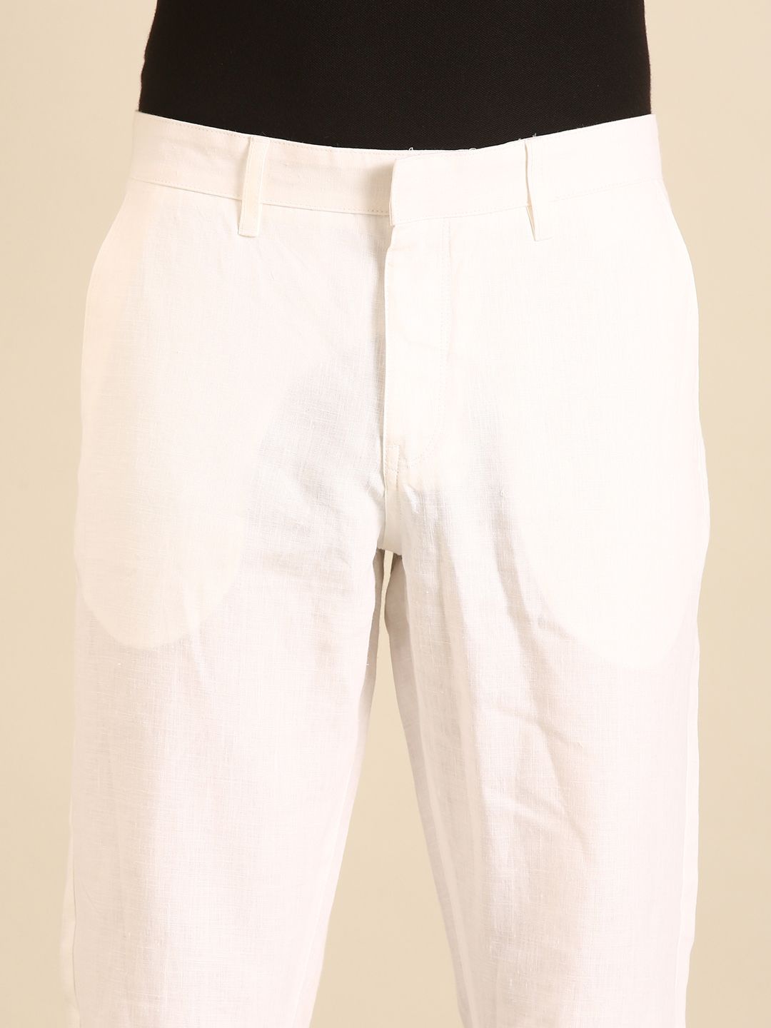 Linen Club Men's Linen White Solid Contemporary Fit Casual Trouser