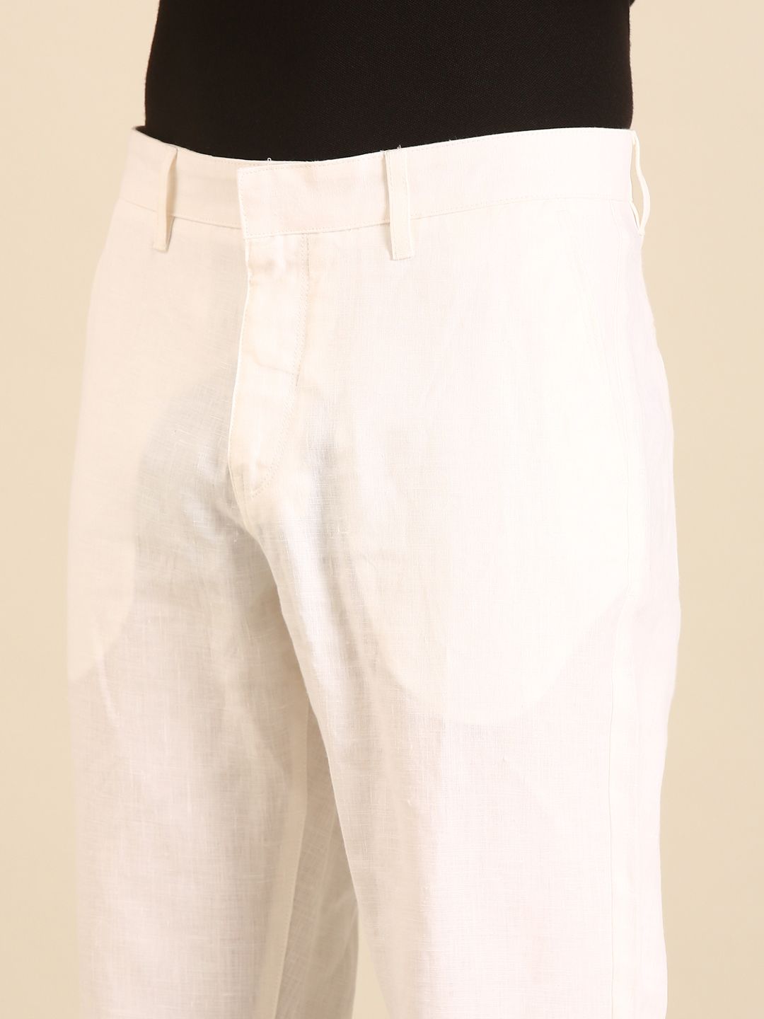 Linen Club Men's Linen White Solid Contemporary Fit Casual Trouser