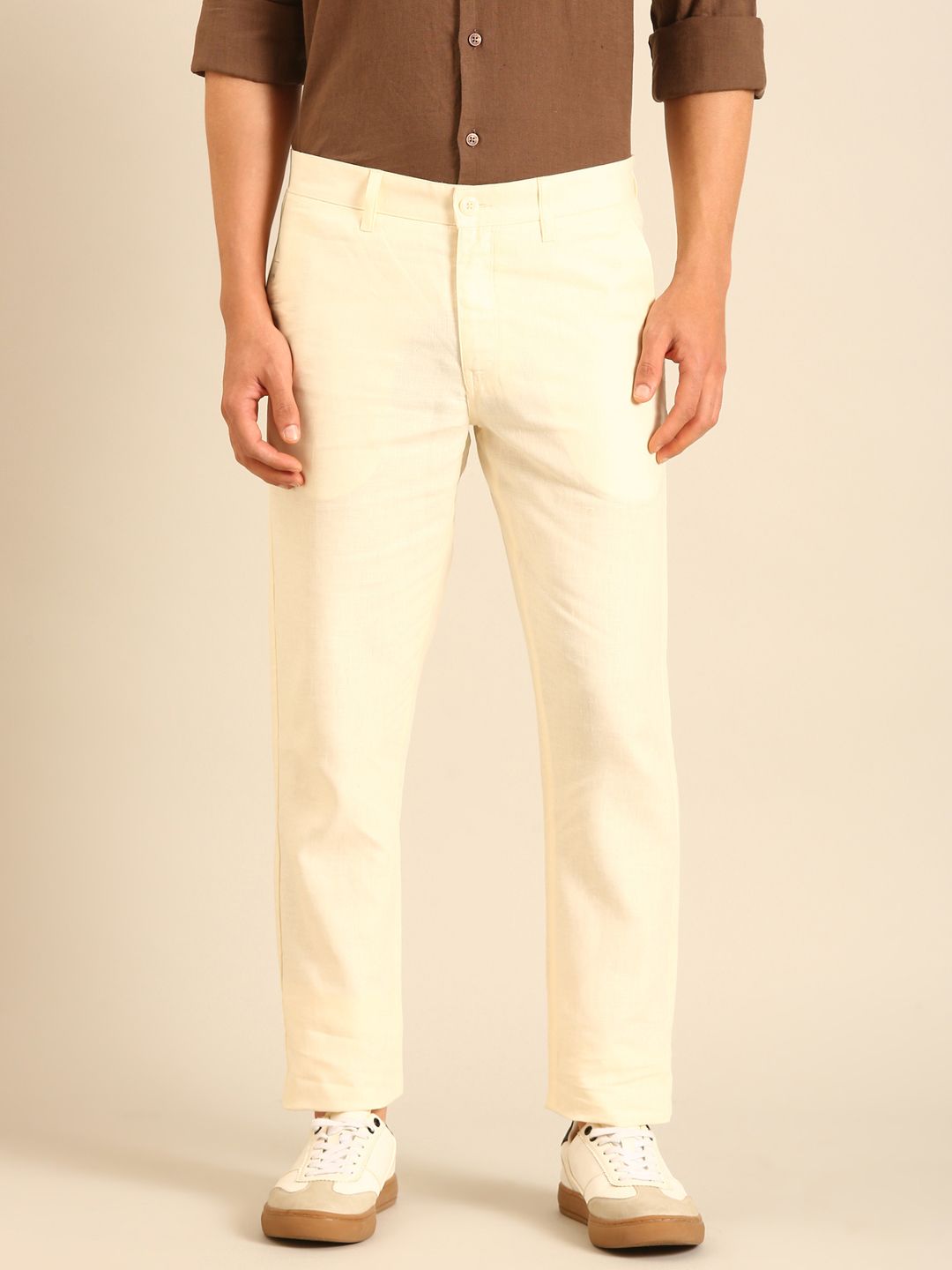 Linen Club Men's Linen Off White Solid Contemporary Fit Casual Trouser