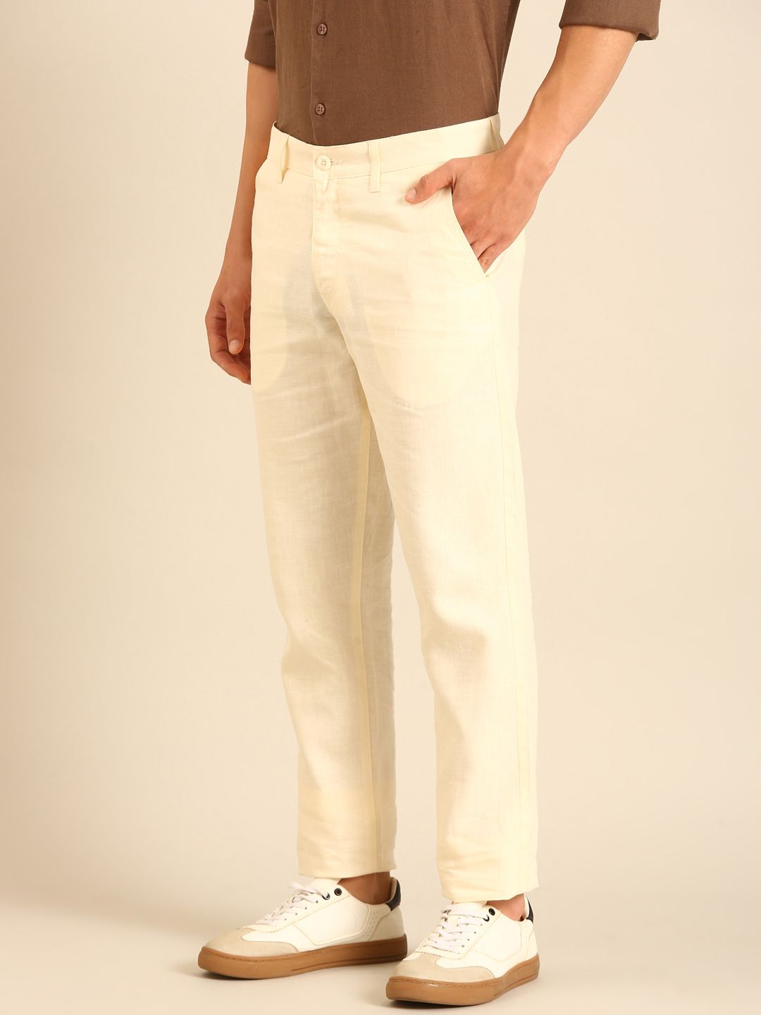 Linen Club Men's Linen Off White Solid Contemporary Fit Casual Trouser