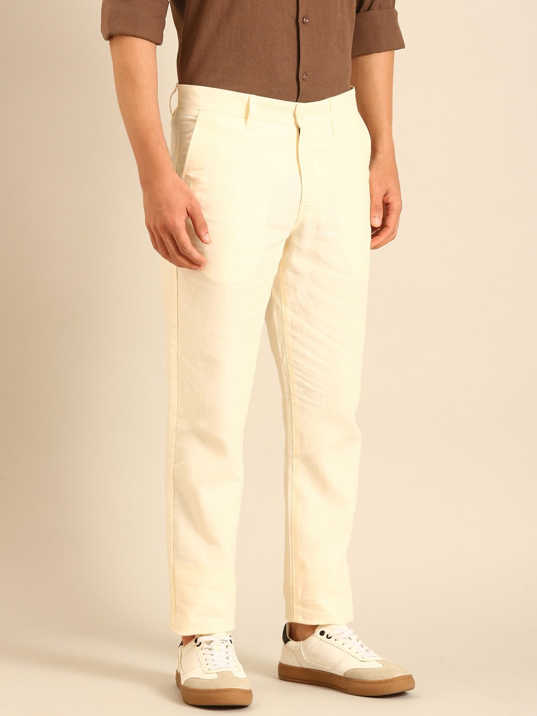 Linen Club Men's Linen Off White Solid Contemporary Fit Casual Trouser