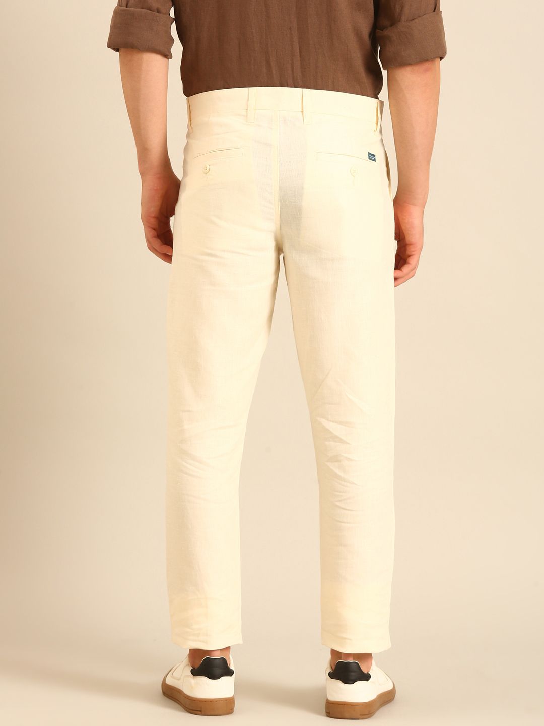 Linen Club Men's Linen Off White Solid Contemporary Fit Casual Trouser