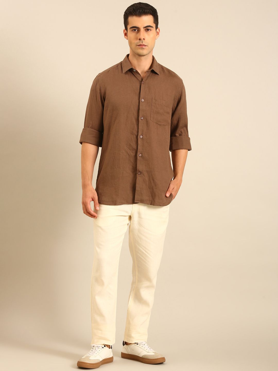 Linen Club Men's Linen Off White Solid Contemporary Fit Casual Trouser