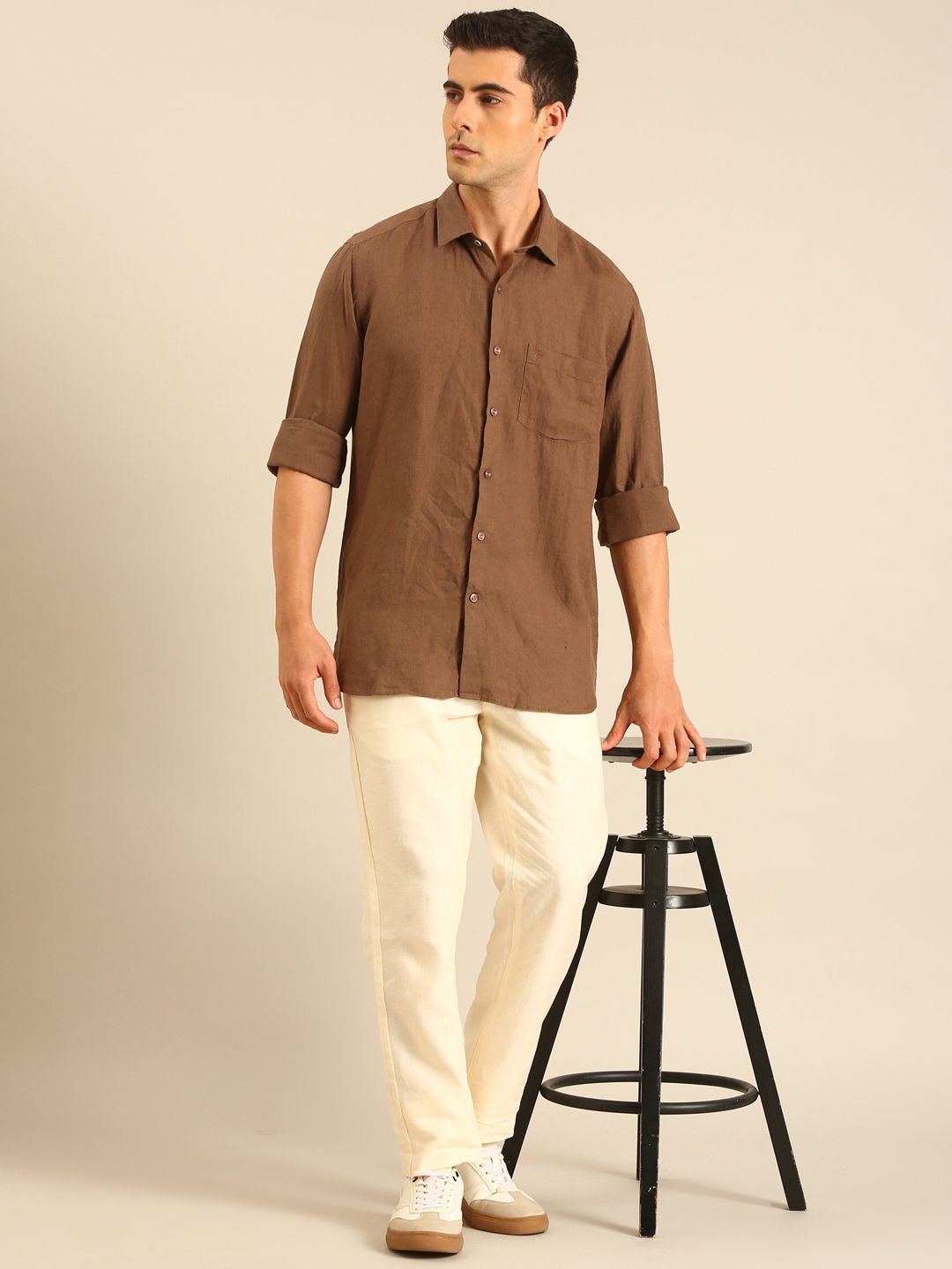 Linen Club Men's Linen Off White Solid Contemporary Fit Casual Trouser