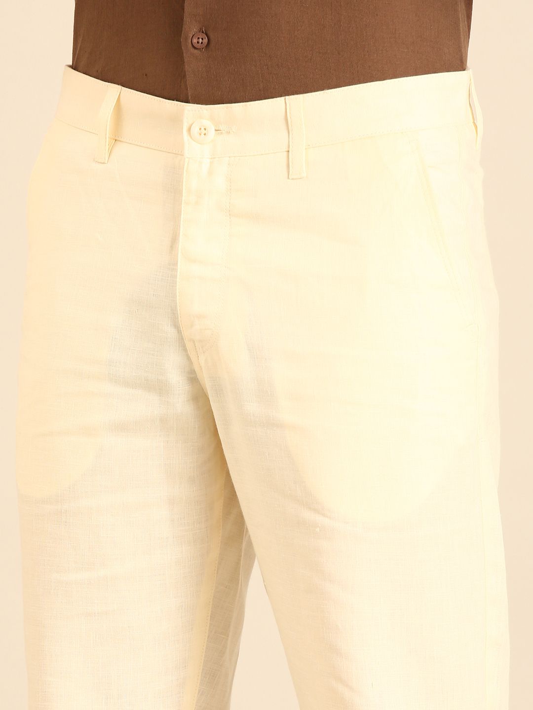 Linen Club Men's Linen Off White Solid Contemporary Fit Casual Trouser