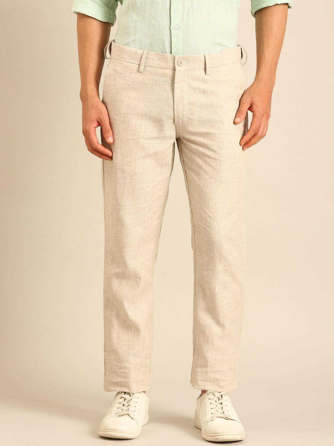Linen Club Men's Linen Beige Solid Contemporary Fit Casual Trouser LCTRSDN020085
