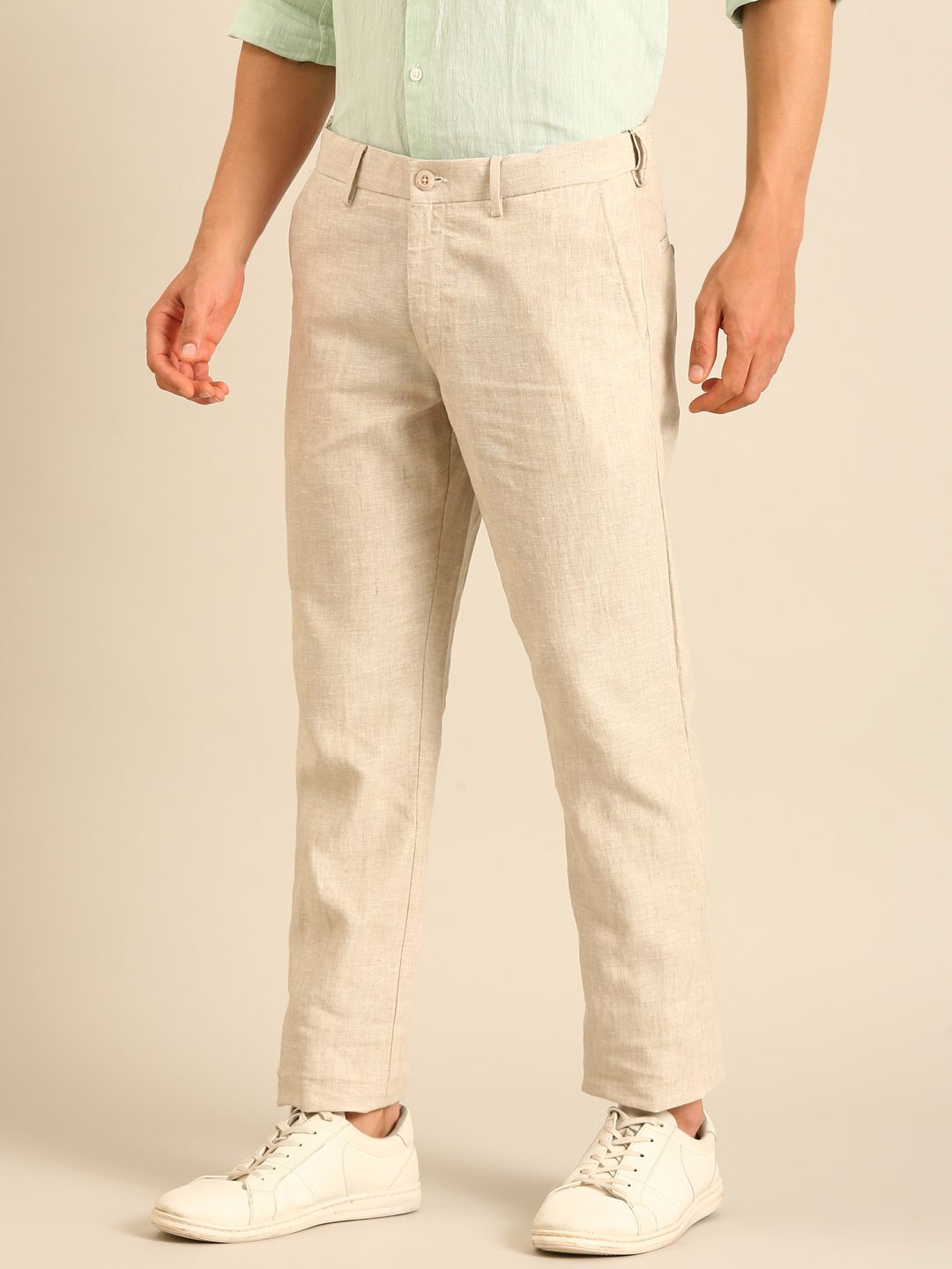 Linen Club Men's Linen Beige Solid Contemporary Fit Casual Trouser LCTRSDN020085