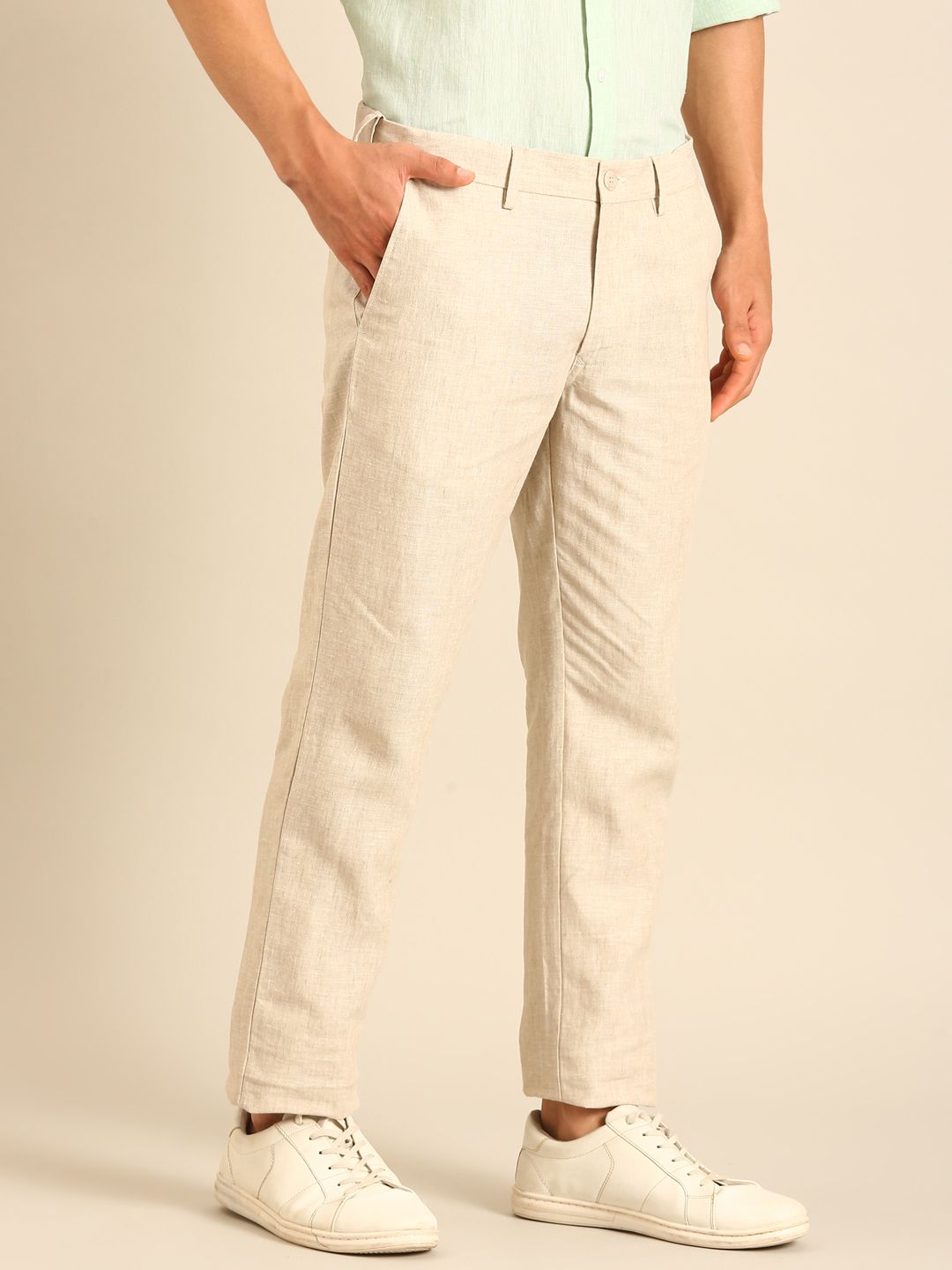 Linen Club Men's Linen Beige Solid Contemporary Fit Casual Trouser LCTRSDN020085