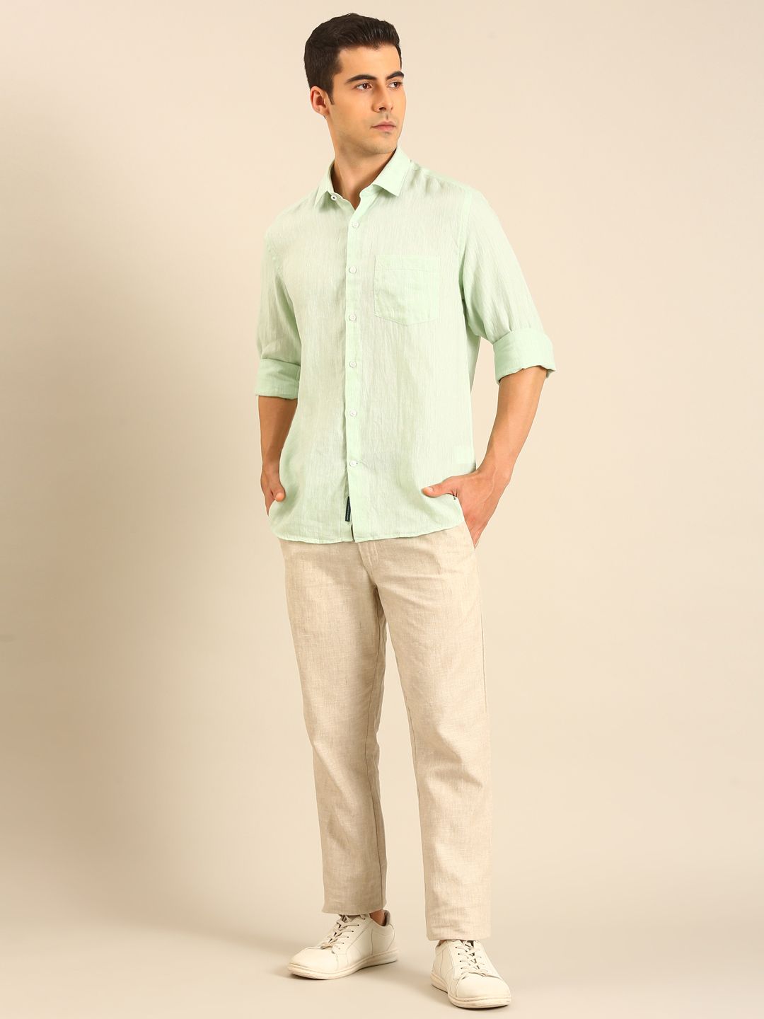 Linen Club Men's Linen Beige Solid Contemporary Fit Casual Trouser LCTRSDN020085