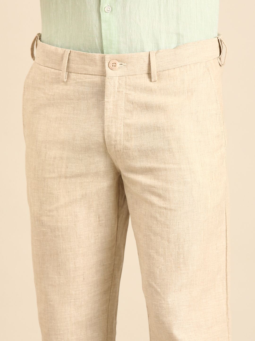 Linen Club Men's Linen Beige Solid Contemporary Fit Casual Trouser LCTRSDN020085