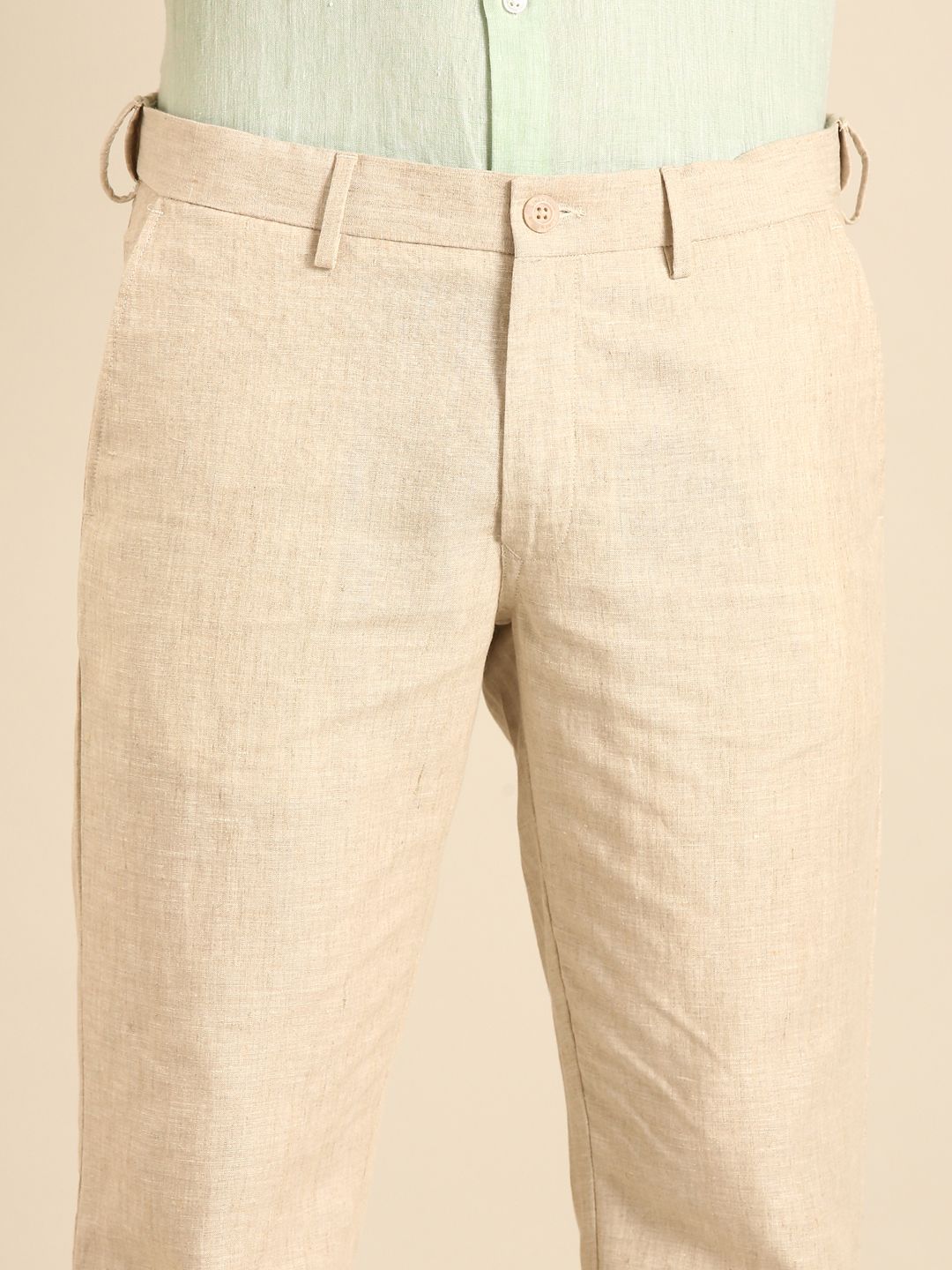 Linen Club Men's Linen Beige Solid Contemporary Fit Casual Trouser LCTRSDN020085