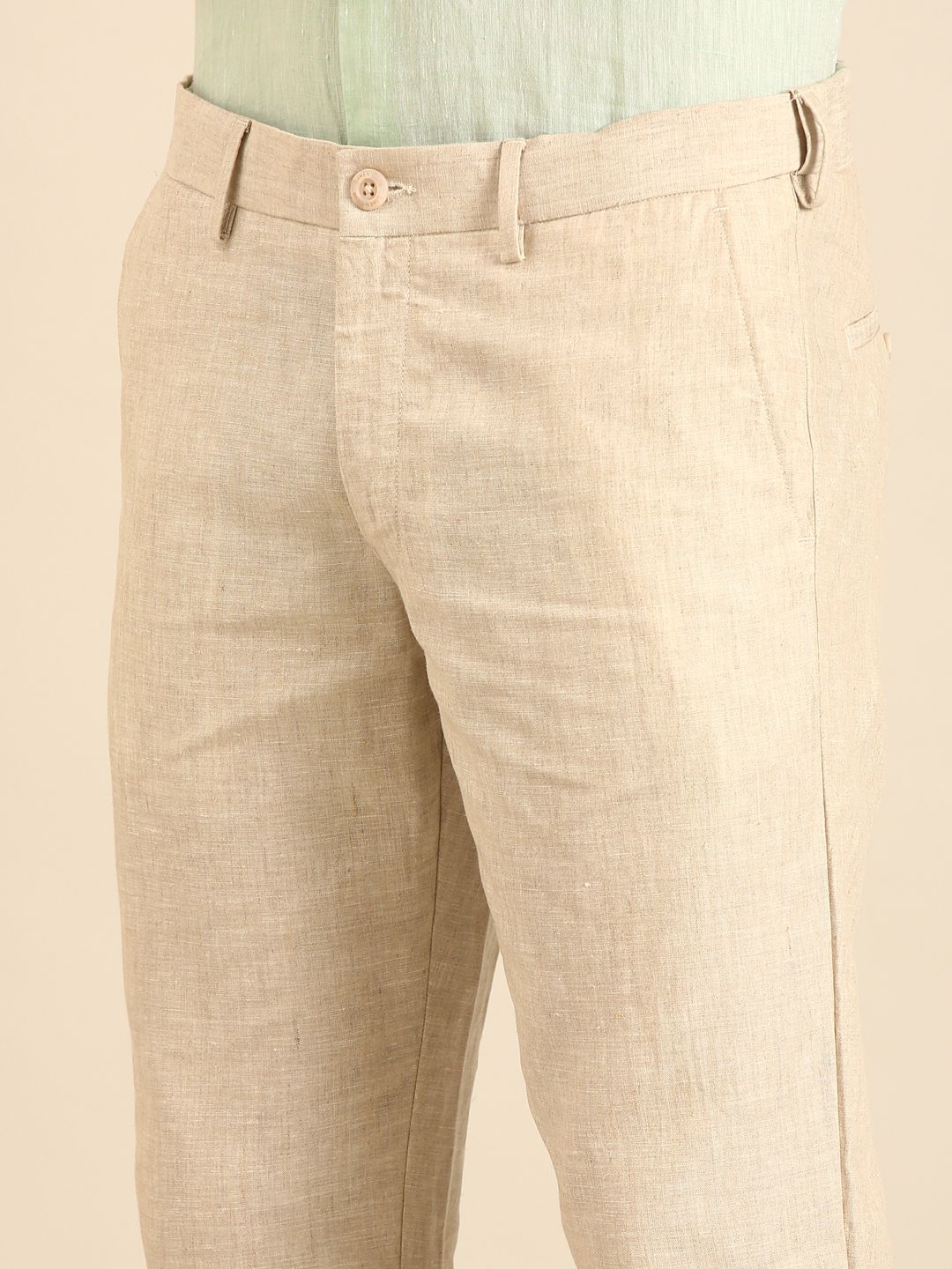 Linen Club Men's Linen Beige Solid Contemporary Fit Casual Trouser LCTRSDN020085