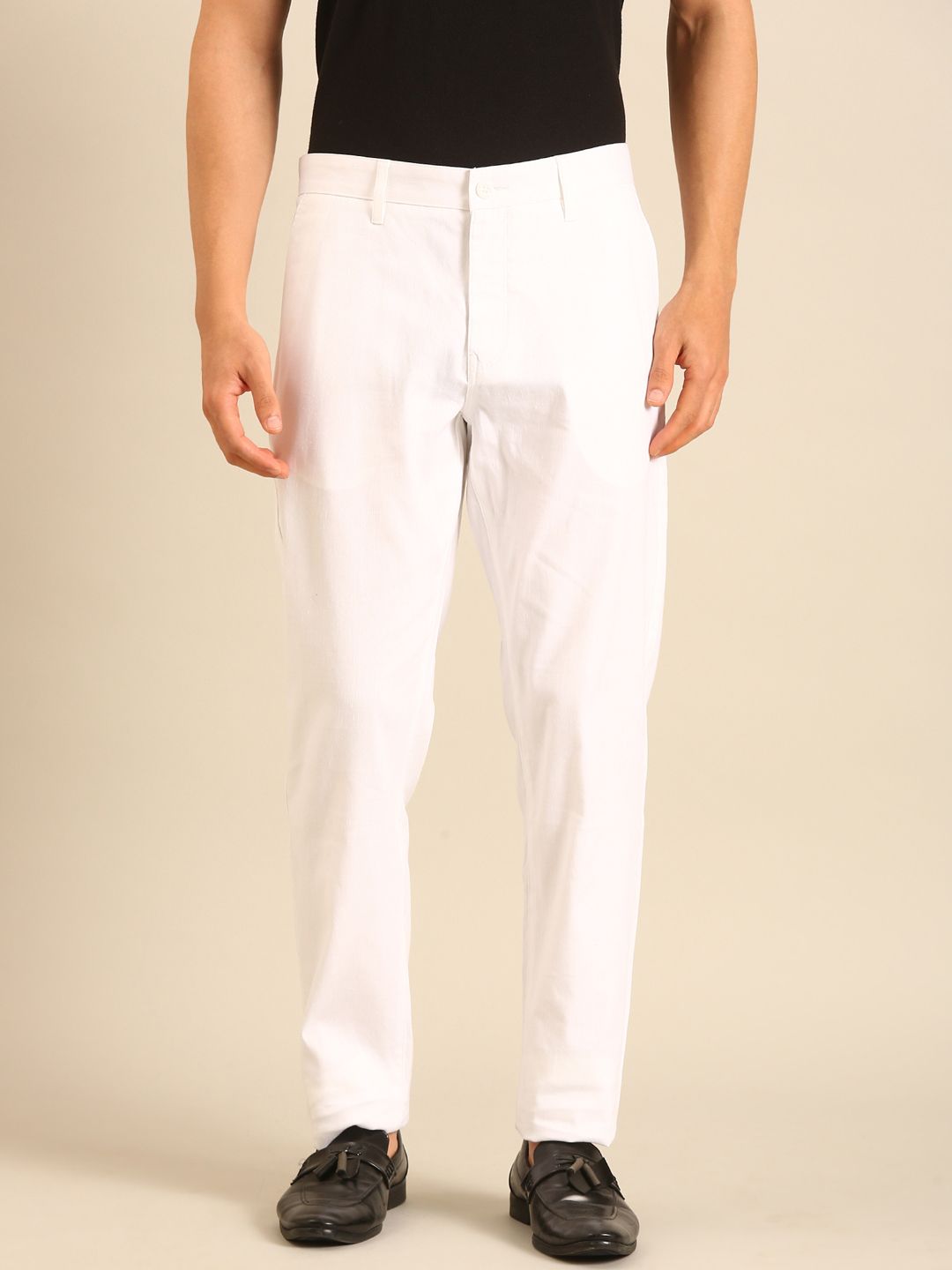 Linen Club Men's Linen White Solid Contemporary Fit Casual Trouser LCTRSDN020086
