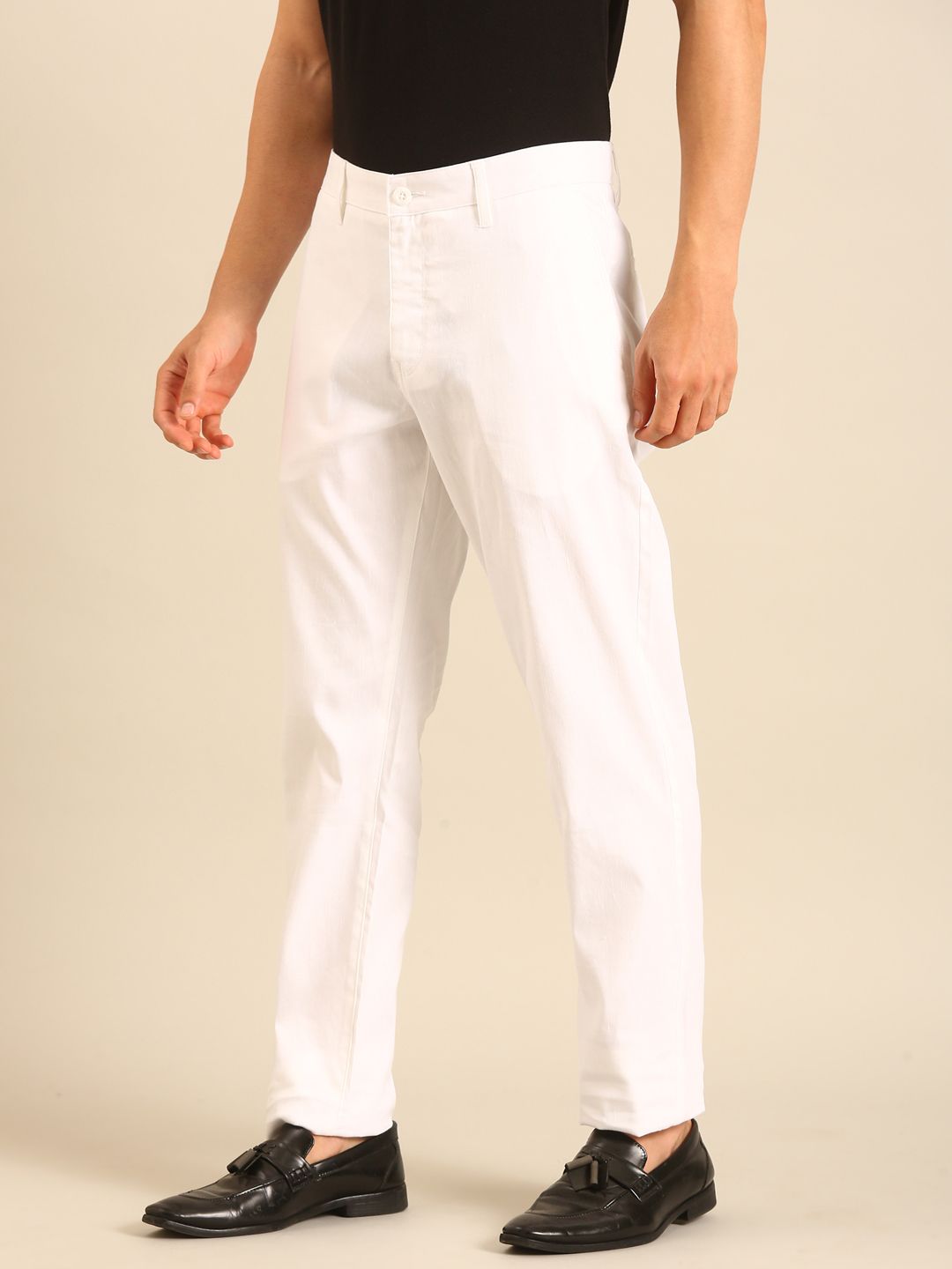 Linen Club Men's Linen White Solid Contemporary Fit Casual Trouser LCTRSDN020086