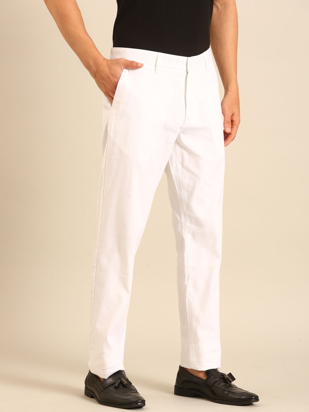Linen Club Men's Linen White Solid Contemporary Fit Casual Trouser LCTRSDN020086