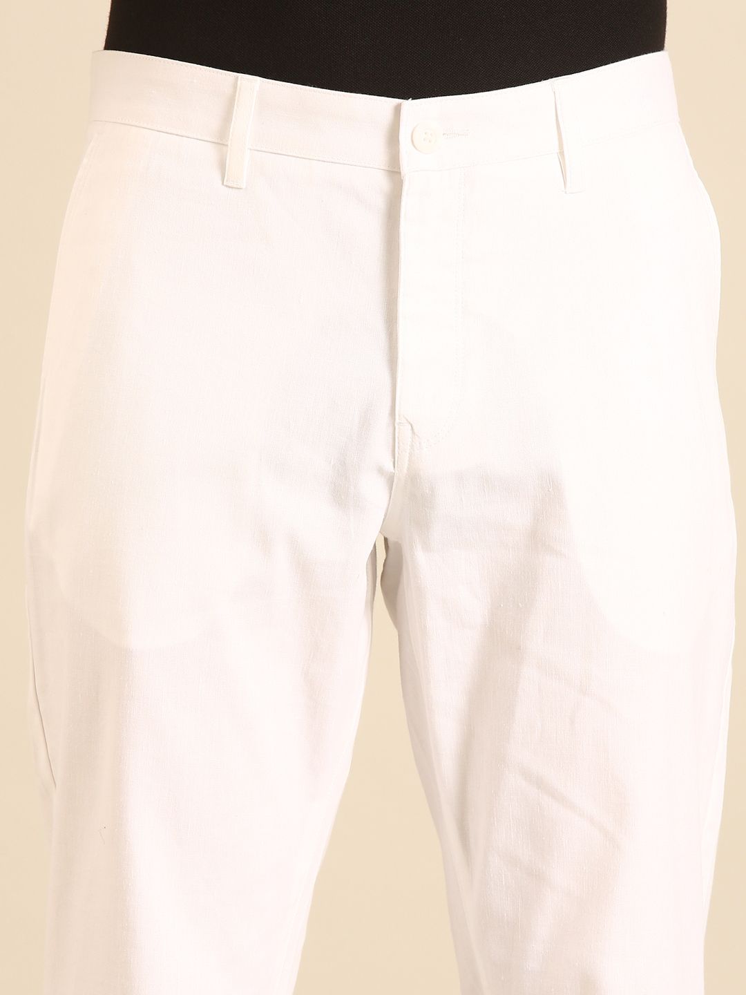 Linen Club Men's Linen White Solid Contemporary Fit Casual Trouser LCTRSDN020086