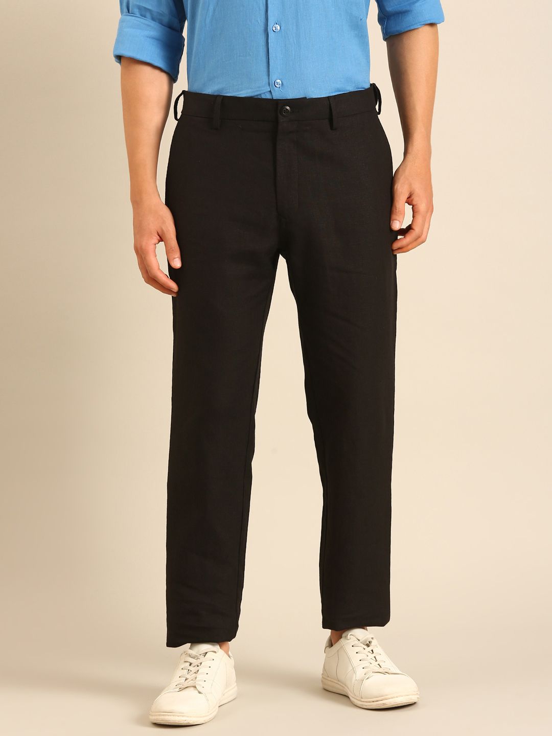 Linen Club Men's Linen Black Solid Contemporary Fit Casual Trouser