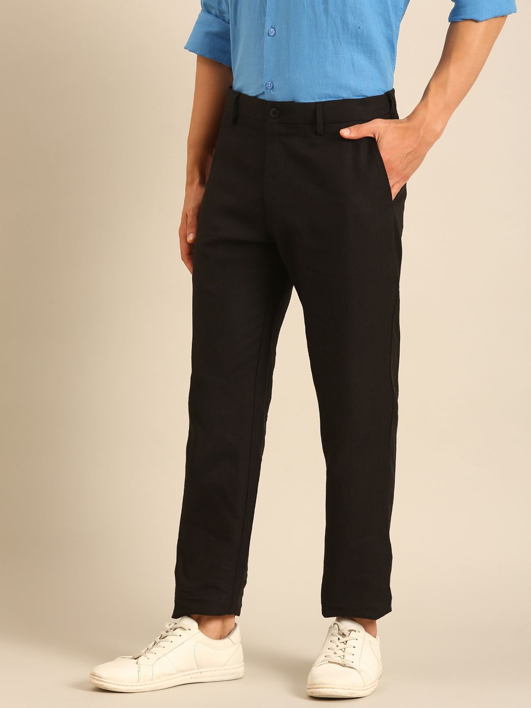 Linen Club Men's Linen Black Solid Contemporary Fit Casual Trouser