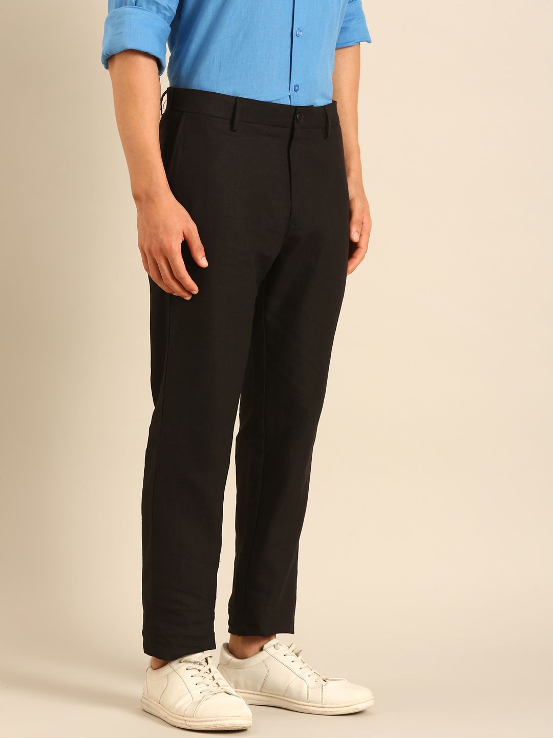 Linen Club Men's Linen Black Solid Contemporary Fit Casual Trouser