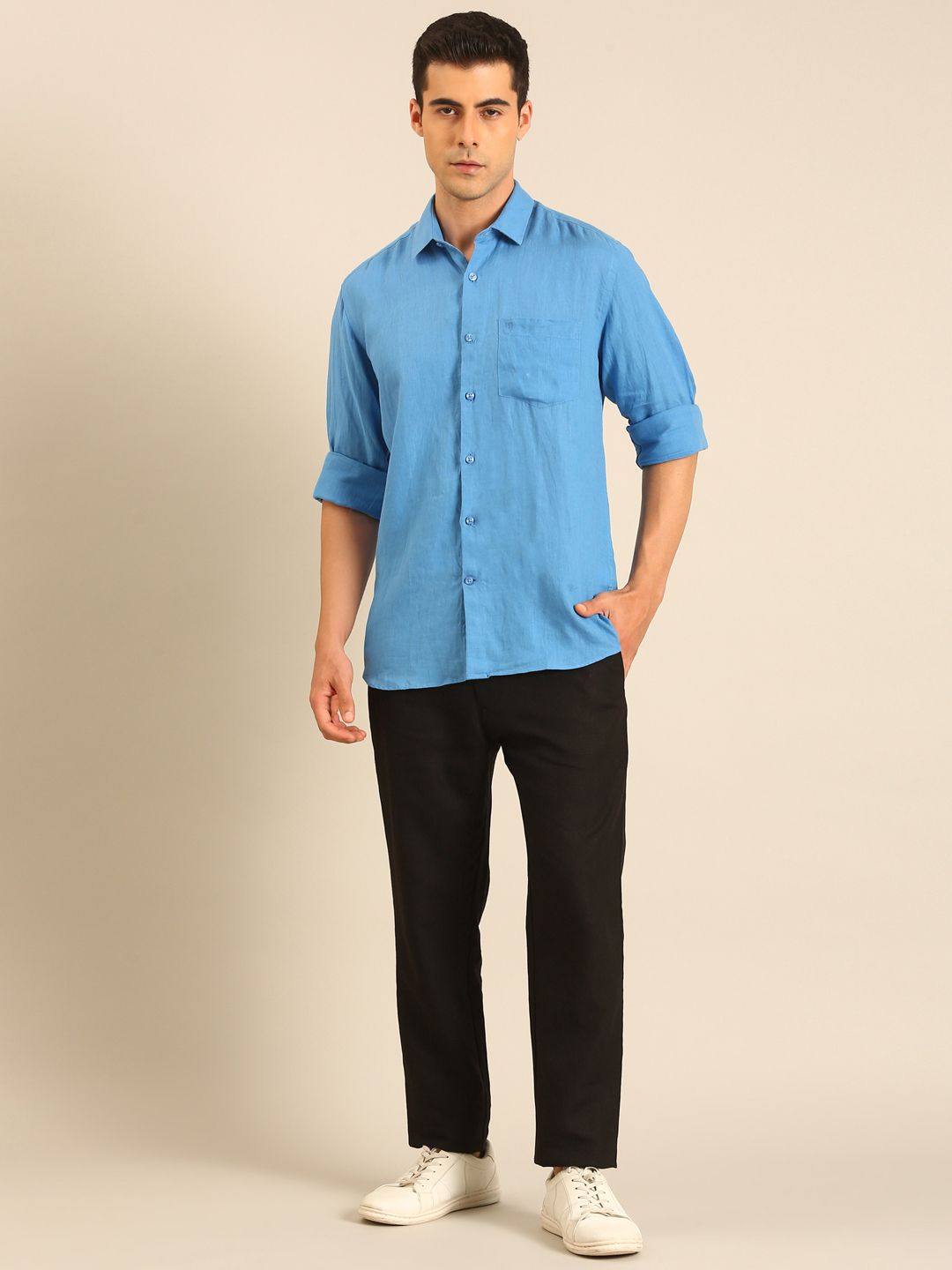 Linen Club Men's Linen Black Solid Contemporary Fit Casual Trouser