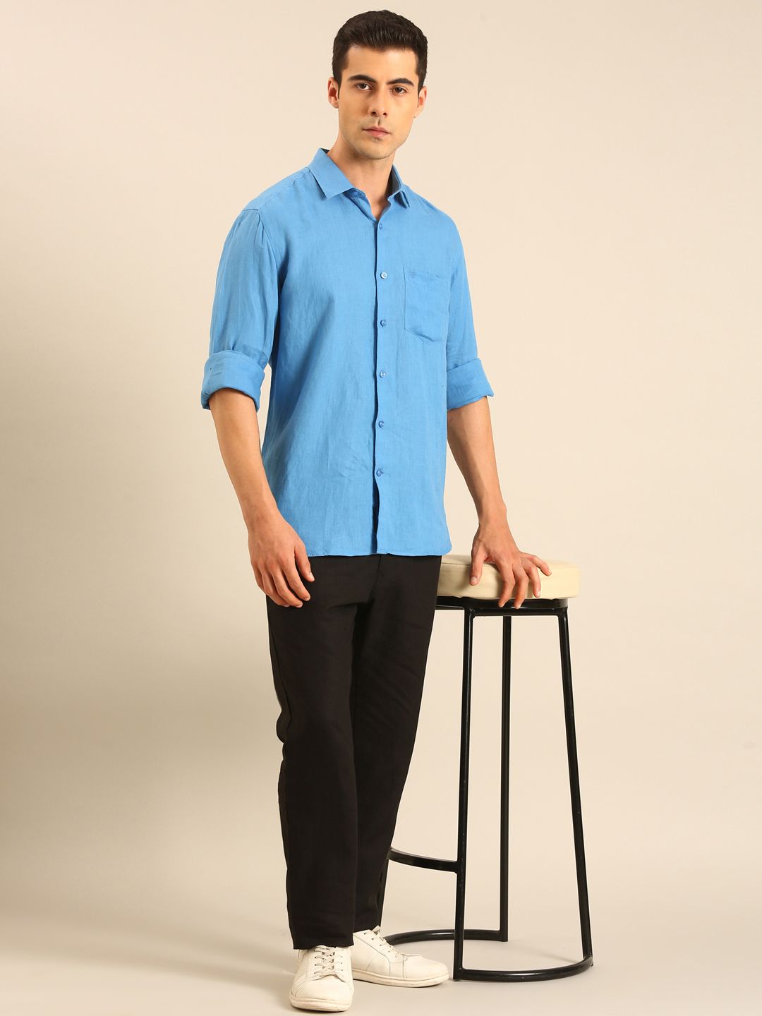 Linen Club Men's Linen Black Solid Contemporary Fit Casual Trouser