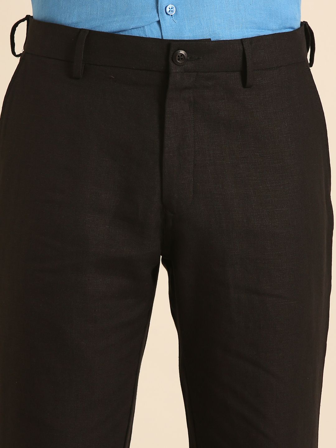Linen Club Men's Linen Black Solid Contemporary Fit Casual Trouser