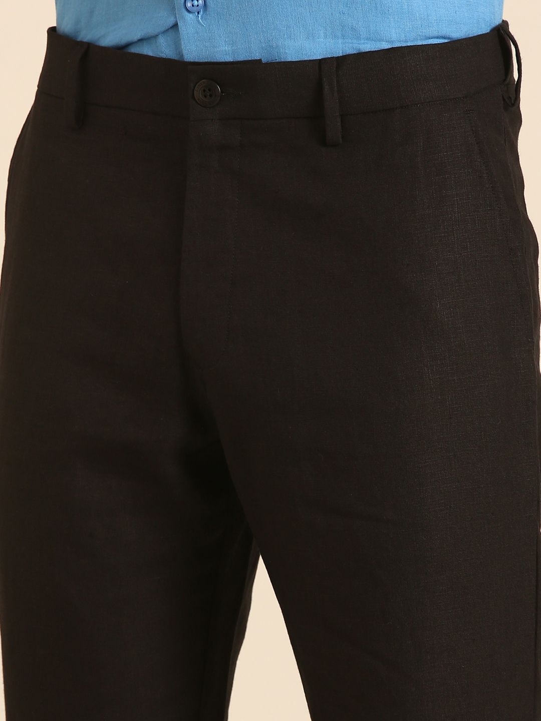 Linen Club Men's Linen Black Solid Contemporary Fit Casual Trouser