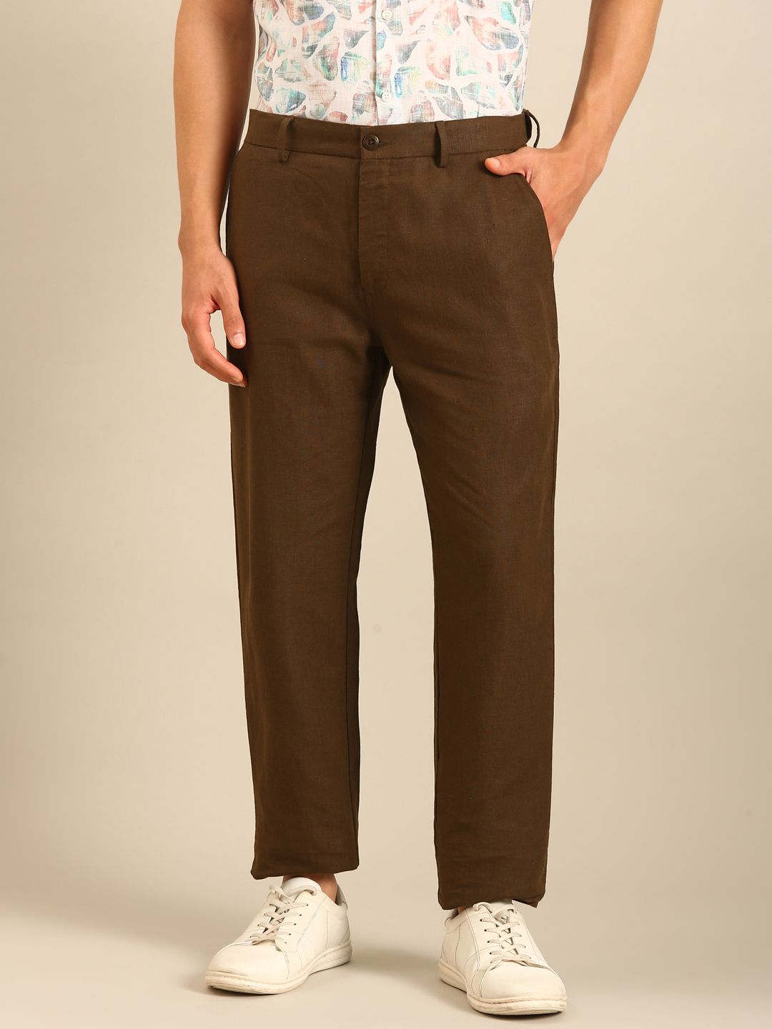 Linen Club Men's Linen Dark Brown Solid Contemporary Fit Casual Trouser LCTRSDN020089