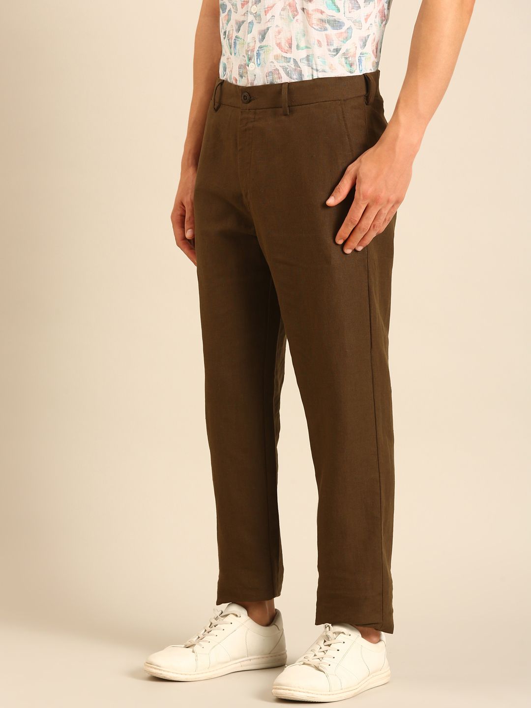Linen Club Men's Linen Dark Brown Solid Contemporary Fit Casual Trouser LCTRSDN020089