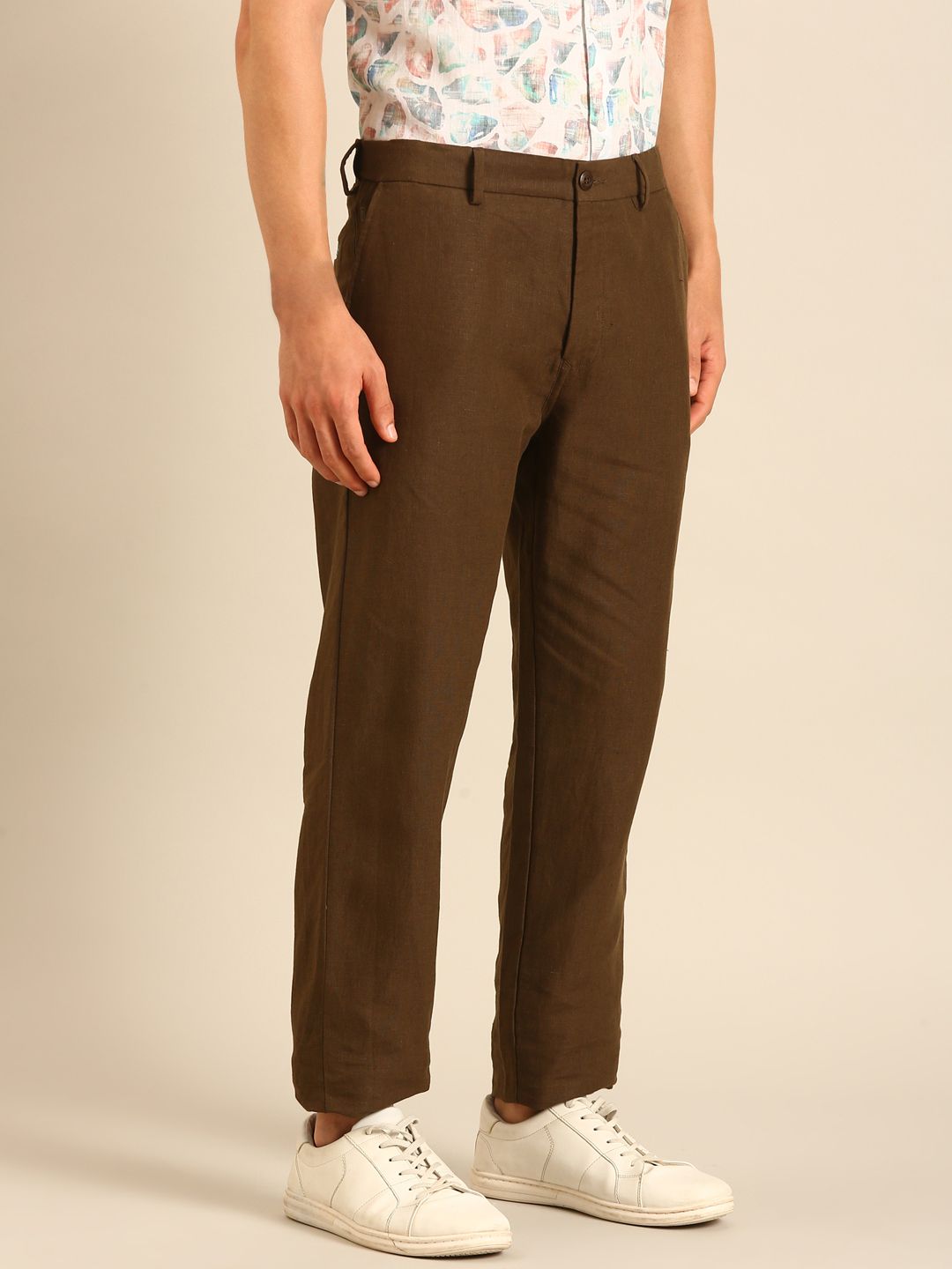 Linen Club Men's Linen Dark Brown Solid Contemporary Fit Casual Trouser LCTRSDN020089