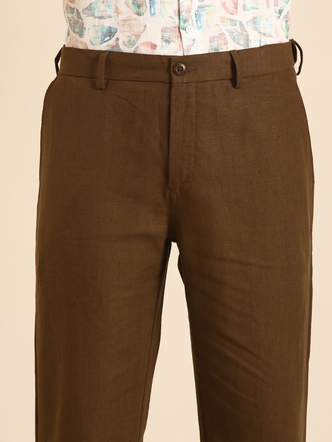 Linen Club Men's Linen Dark Brown Solid Contemporary Fit Casual Trouser LCTRSDN020089