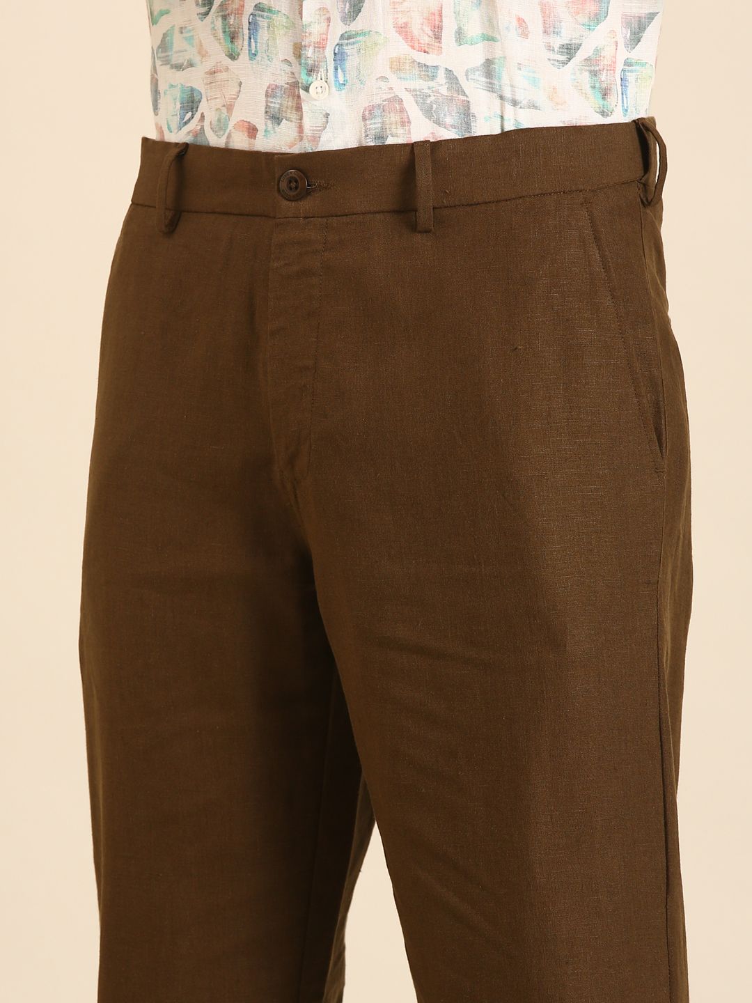 Linen Club Men's Linen Dark Brown Solid Contemporary Fit Casual Trouser LCTRSDN020089