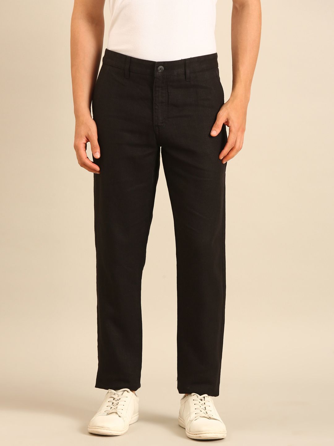 Linen Club Men's Linen Black Solid Contemporary Fit Casual Trouser LCTRSDN020160